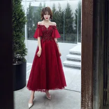 Ankle Length Evening Dresses Robe De Soiree Sexy Luxury Wine Red Sequin Lace Beading Formal Party Dress Prom Gown