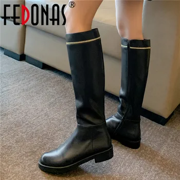 

FEDONAS Genuine Leather Quality Women Knee High Boots Side Zipper High Heels Party Shoes Woman Winter Newest Warm Long Boots