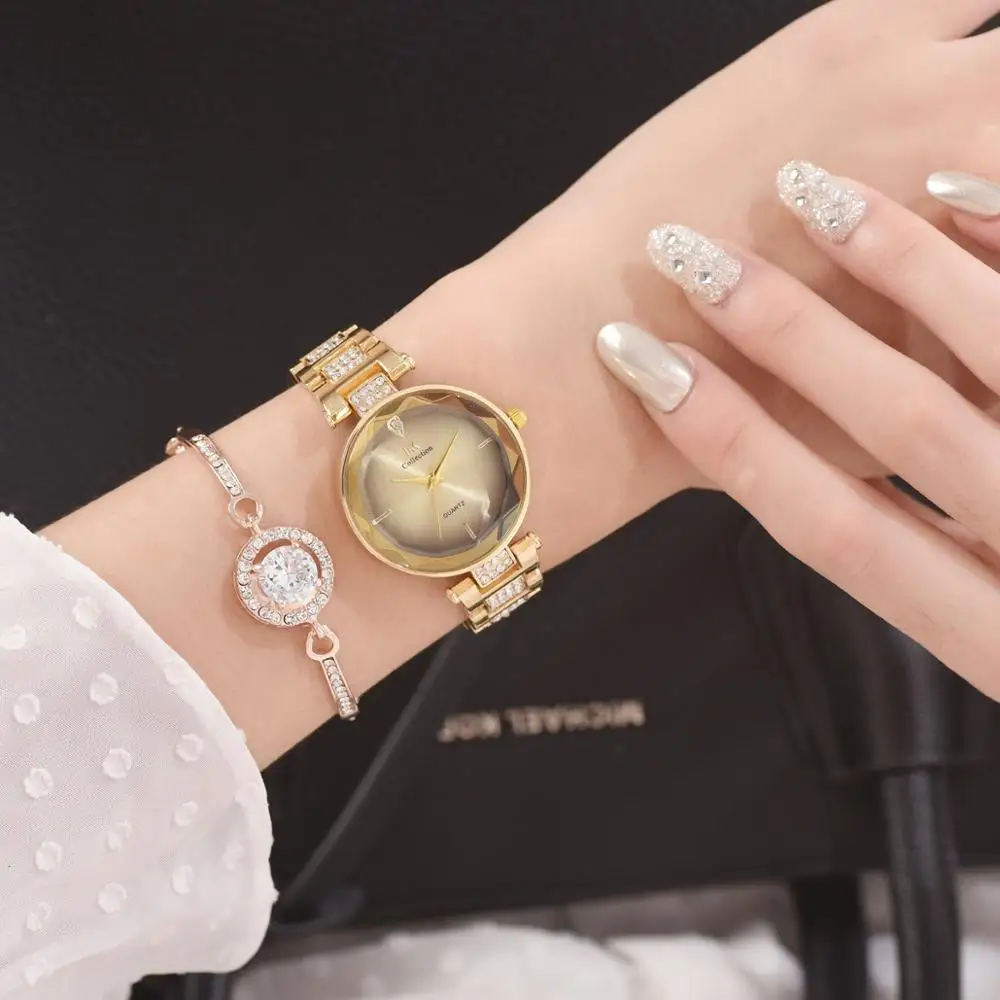 Gold With Bracelet Женские часы комплект Модные Роскошные наручные часы Топ бренд горный хрусталь из нержавеющей стали Кварцевые часы Montre Femme подарок - Цвет: Gold With Bracelet