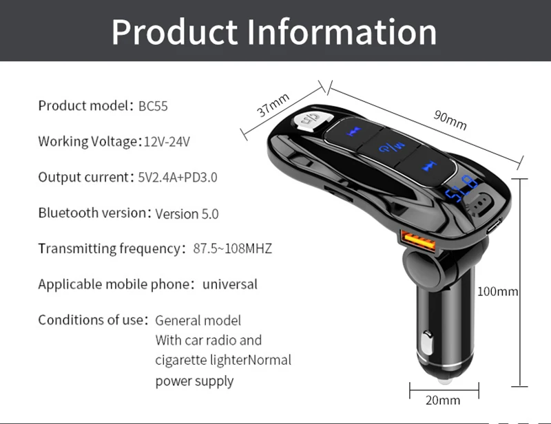 Автомобильный комплект, Bluetooth 5,0, двойной USB, быстрое зарядное устройство, ЖК-дисплей, беспроводной Bluetooth, громкая связь, u-диск, музыкальный аудио приемник, Автомобильный mp3 плеер