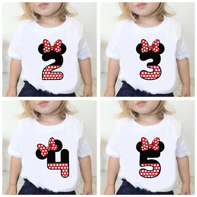 Disney Birthday Party Cartoon T Shirt for Girls Children Tshirt Number 0 1 2 3 4 5 6 7 8 9 Minnie Mouse Bow Graphic Kids Clothes 1