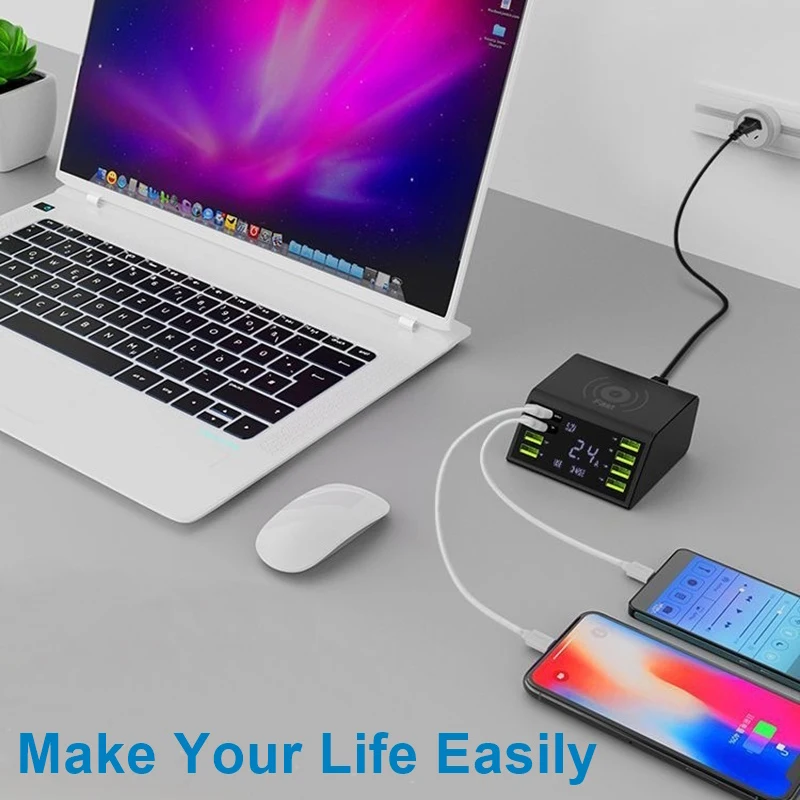 Зарядное устройство USB Multi 8 Порты и разъёмы для быстрой зарядки с usb-портом, Зарядное устройство с технологией Quick Зарядное устройство ЖК-дисплей зарядная станция Смарт USB хаб для смартфонов и планшетов