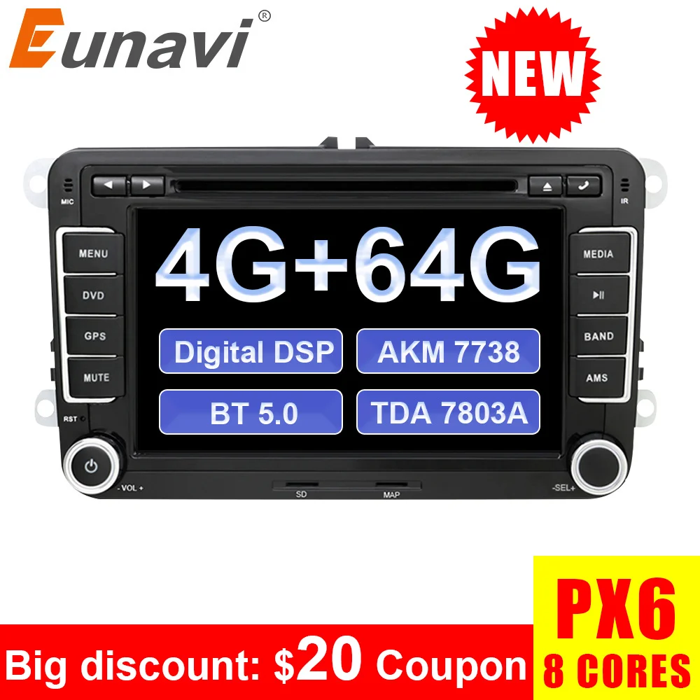 Best Price Eunavi 2 din Android 9.0 Car Multimedia Radio Player GPS For VW GOLF 6 Polo Bora JETTA B6 PASSAT Tiguan SKODA OCTAVIA DSP IPS BT