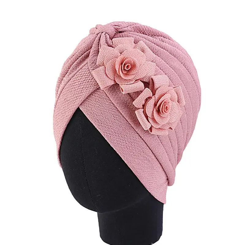 Женская мусульманская эластичная повязка на голову, шарф, двойная большая шапочка с цветком, головной убор, модный тюрбан с оборками, шапка - Цвет: Pink