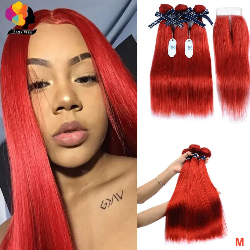 

Peruvian Human Hair 3 Bundles With Closure Remyblue Red Colored Straight Hair Weave Bundles With Closure Remy Hair Pre Plucked