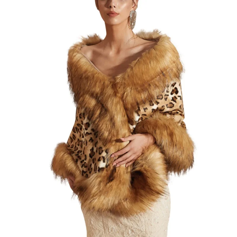 Leopard Faux Fur Coat Women Winter Casual Faux Fur Leopard Coat Print Long Sleeve Warm Shawl Cloak Jacket X