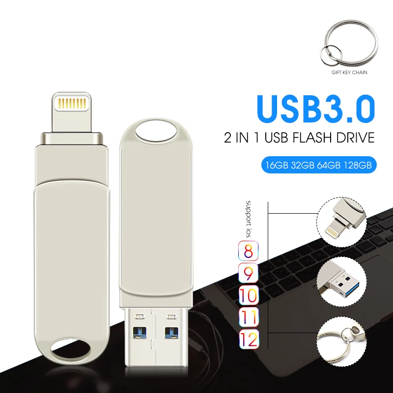 USB флэш-накопитель для iPhone X/8/7/7 Plus/6 Plus/6s/5/SE/ipad 2 в 1 флеш-накопитель 16 ГБ 32 ГБ 64 ГБ 128 Гб металлический флэш-накопитель usb 3,0