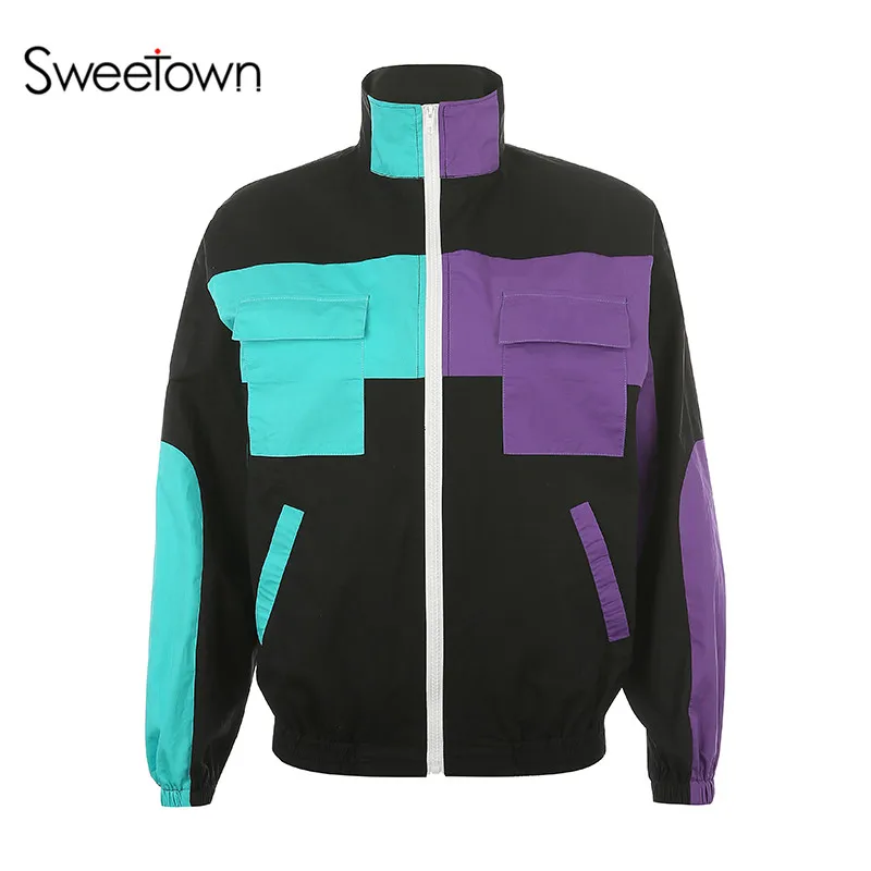 Sweetown куртка-бомбер и брюки карго, комплект из двух предметов, лоскутный Топ и штаны, уличная одежда, повседневное женское пальто и спортивные костюмы для бега - Цвет: jacket