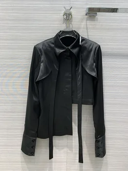 

Luxury Blouse for Women 2020 Autumn Sexy Fashion Irregular Fake Two-piece Open Back Long Sleeve Lace-up Street Short Blouse Tops