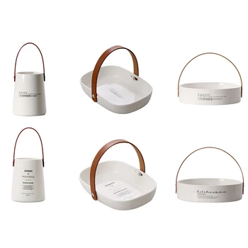 

Unique Chic Nordic Ceramics Storage Jar Bottle With Leather Handle Minimalist Desk Storage Bottle Organizer Flower Vase Containe