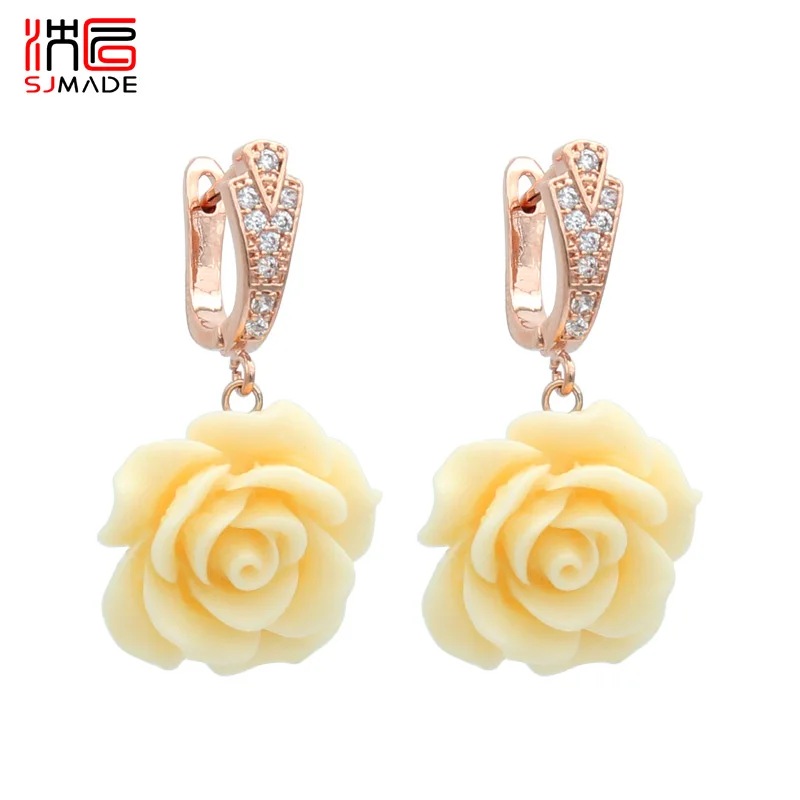 

SJMADE 2019 Fashion Romantic Rose Flowers Shell Dangle Earrings 585 Rose Gold Temperament Women Girl Wedding Engagement Jewelry