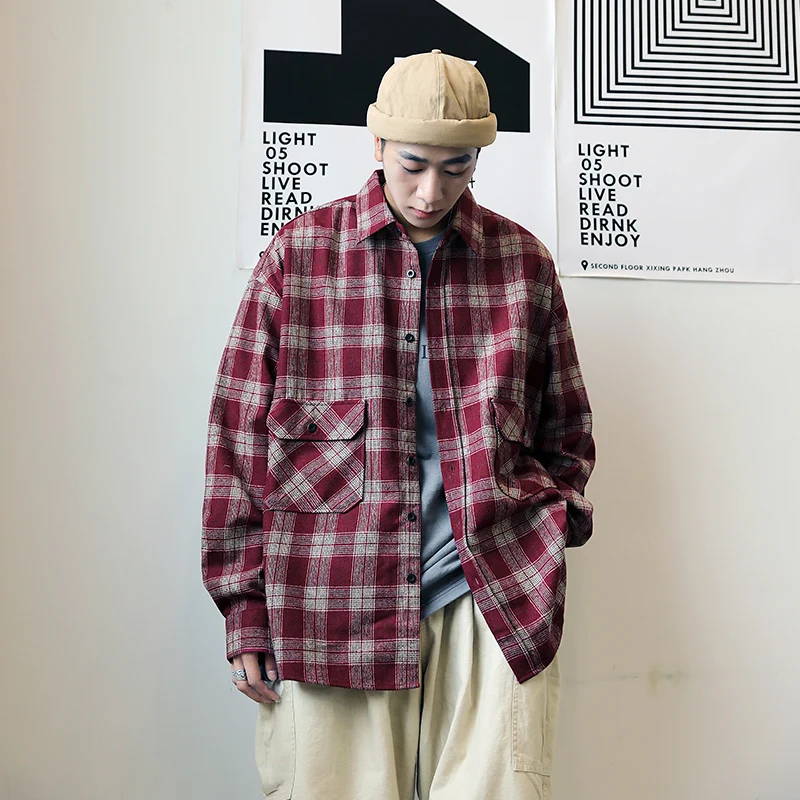 2019 Осенняя мужская рабочая одежда гавайская Классическая рубашка в клетку с