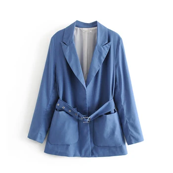 

Women Chic Blue Linen Long Sleeve Za Blazer 2019 Female Spring-Autumn Casual Solid Adjustable Waist With Belt Blazer chaqueta