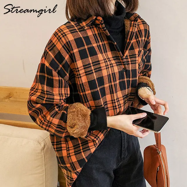 Autumn Winter Thick Velvet Plaid Shirts 
