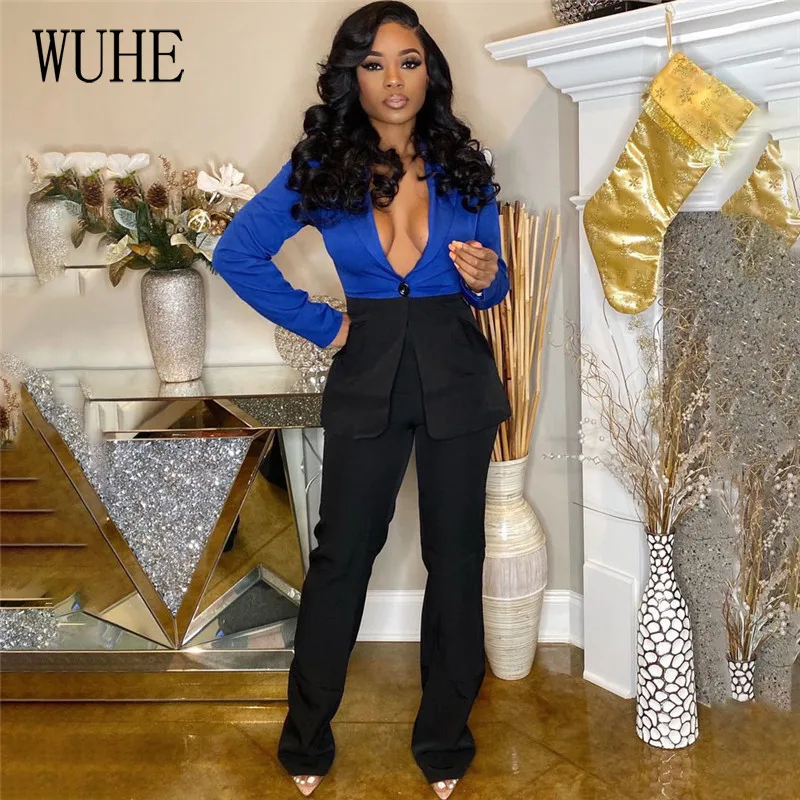 

WUHE Stitching Work Pant Suits OL 2 Piece Sets Blazer Jacket & Trousers Suit for Women Elegant Long Sleeve Matching Sets