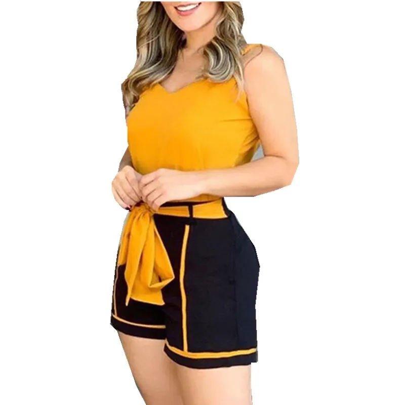 

2019 Women Colorblock Lace Up Spaghetti Strap Rompers Women Summer Jumpsuit One Piece Overalls