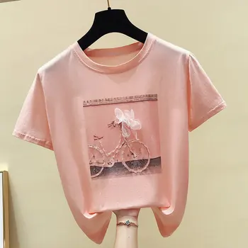 

Short Sleeve T-shirt Female Summer Loose-Fit Tee Tops with Appliques Beaded Letter Casual T-shirts Girls Students Bottom Tshirts