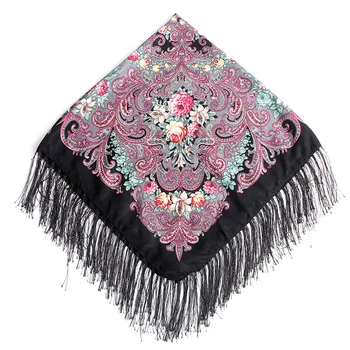 

90*90cm Women National Wind Cotton Scarf Square Floral Print Russian Shawls Scarves Female Retro Fringed Russian Foulard Wraps