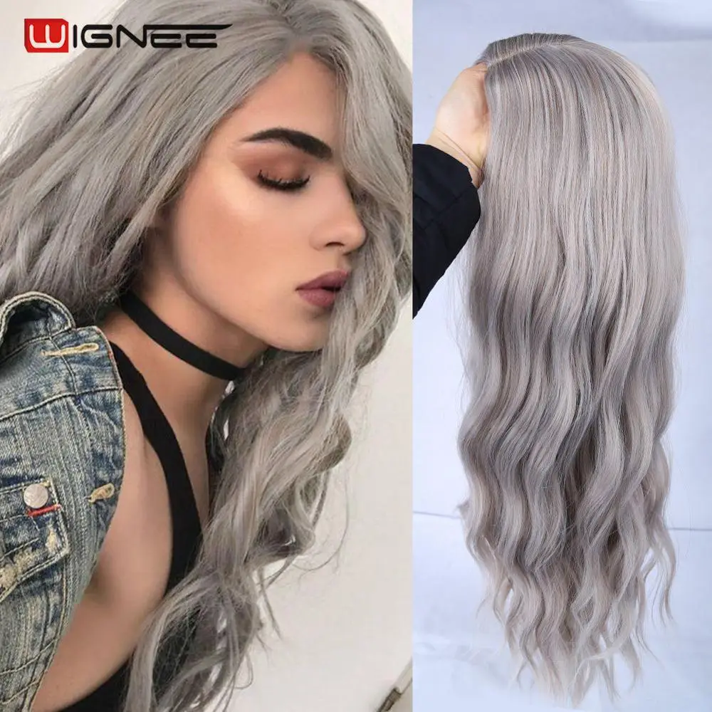 

Wignee Ombre Long Wavy Grey Heat Resistant Synthetic Wig For WomenBrown Blonde/Grey American Cosplay/Party Natural Hair Wigs