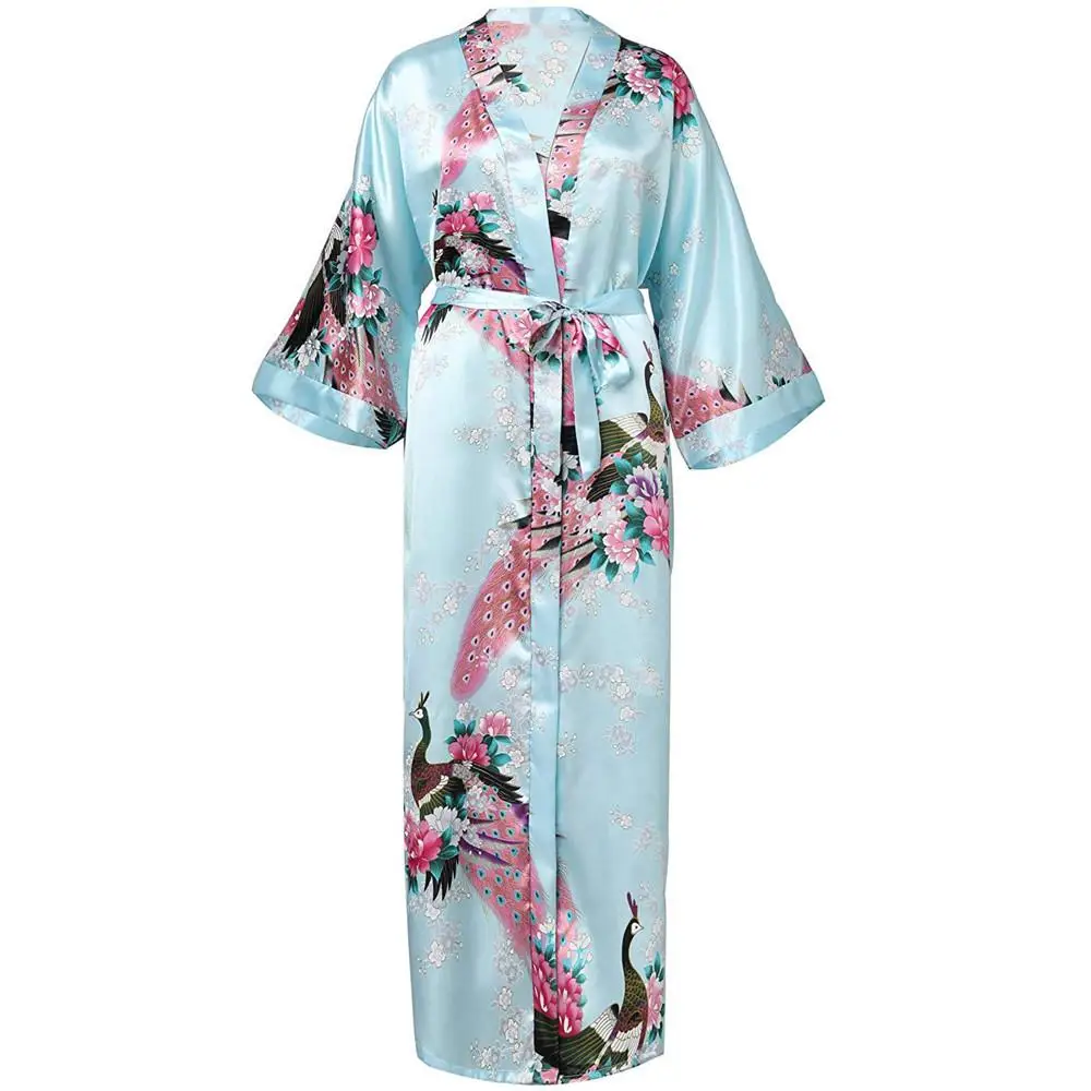 Цветочное кимоно с принтом Новинка лета новая атласная Домашняя одежда невесты свадебное платье Повседневная Длинная Ночная рубашка Неглиже - Цвет: Blue B2