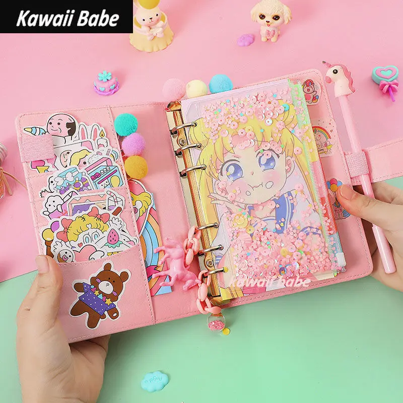 

Japanese Style Cute Notebook Set DIY Travel Journal 6 Rings File Folder Loose Leaf Ring Binder Kawaii Stationery Supplies