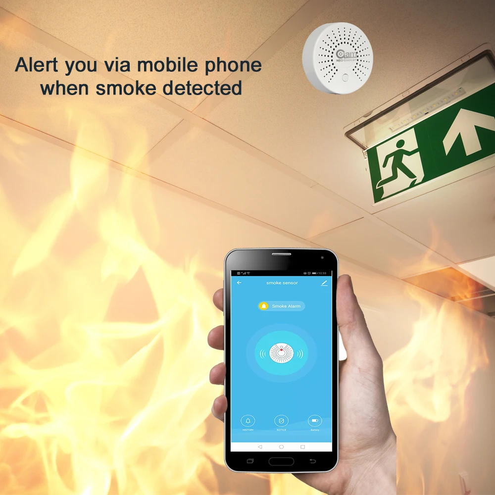 NEO COOLCAM Smart Life standalone WiFi Smoke Sensor With Temperature Detector Sensor Alarm System Wireless Smoke Detector IFTTT