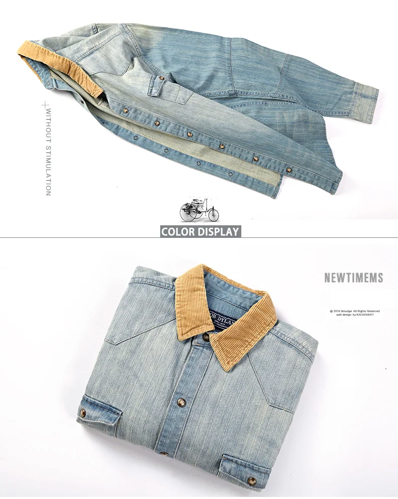 S-2XL Vintage Denim Shirts Men Casual Corduroy Collar Shirts Male Fashion Single Breasted Long Sleeve Loose Jeans Top DS50923