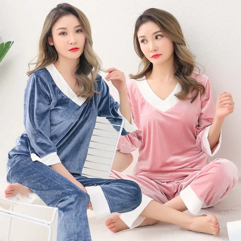 

Plus Size 5XL Thick Warm Gold Velvet V-neck Pajama Set for Women 2019 Autumn Winter Sleepwear Homewear Pijama Mujer Home Clothes