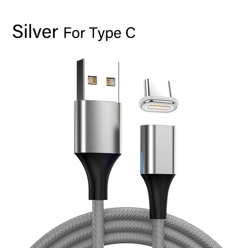 Магнитный usb-кабель 3 А, быстрое зарядное устройство, светодиодный, для IPhone 11, XR, type C, Micro USB, для samsung, xiaomi, Android, мобильный смартфон - Цвет: Silver For Type C