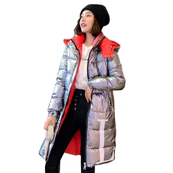 Зимняя куртка, повседневные теплые стеганые куртки, длинная блестящая одежда, пуховик с капюшоном 845