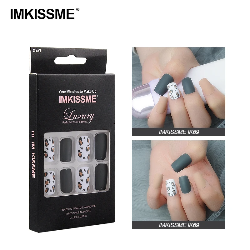 

IMKISSME Black and Yellow Spots Fake Nails Art Tip Press on Nails with Glue Designs Full Artificial Cover IK69