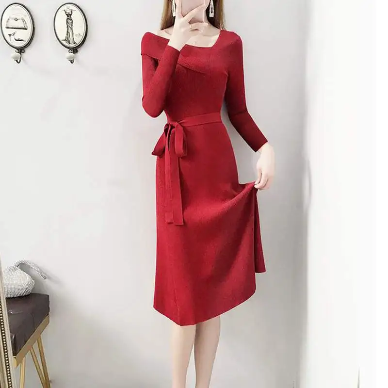 

New Autumn Winter Women Sweater Dress Female Thick Warm Midi Long Sleeves Dresses Ladies Slim Casual Knitted Pullovers 2019 N06