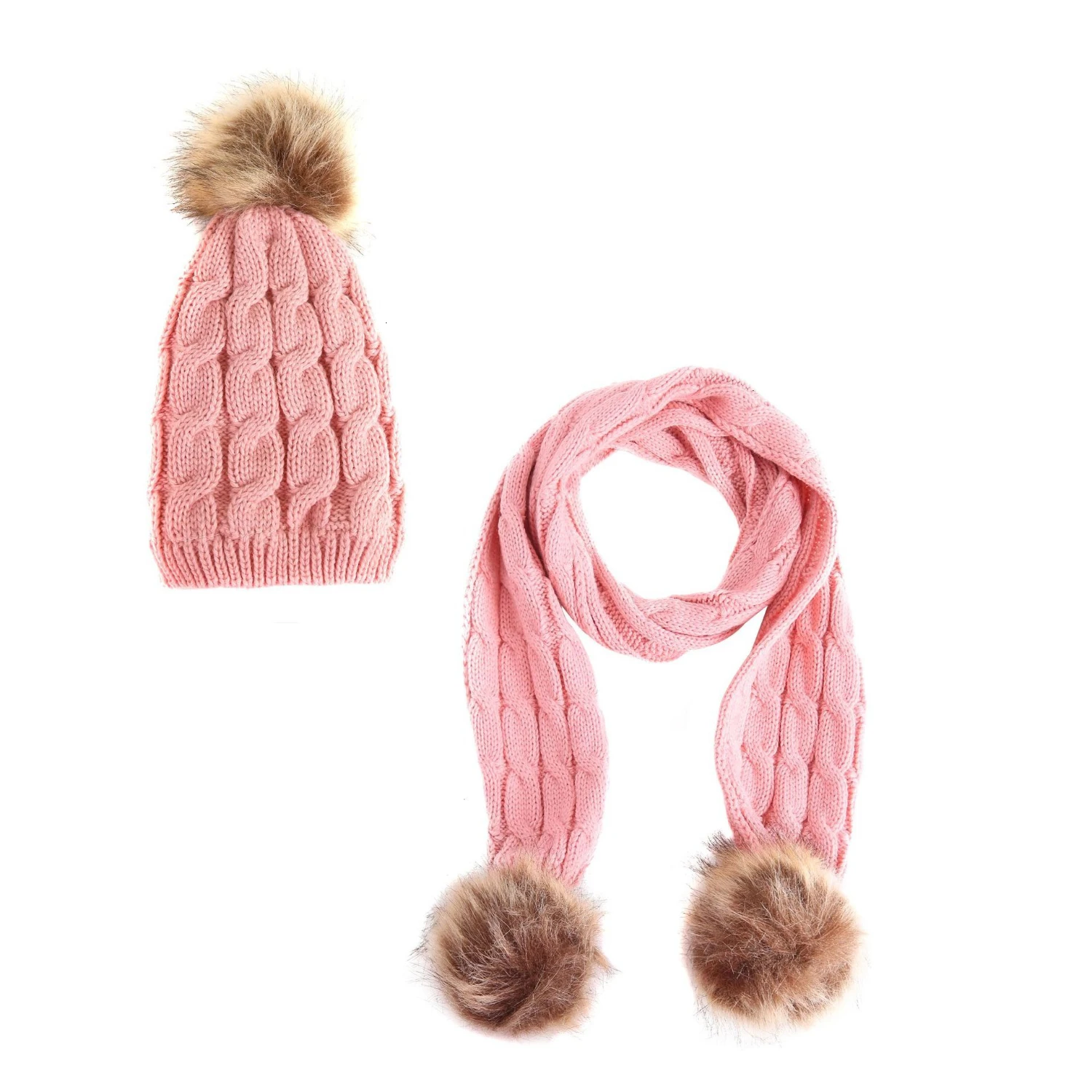pink 2 Winter Hat Scarf Set For 1-10 Years Boys Girls Children Cotton Warm Pom Poms Double Hair Ball Scarf Hats Twinset - Цвет: pink 2
