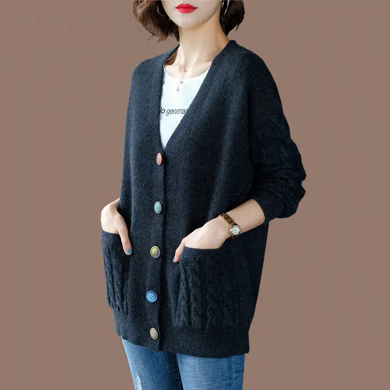Шерстяной вязаный однобортный Кардиган свободный с V-образным вырезом 6XL для