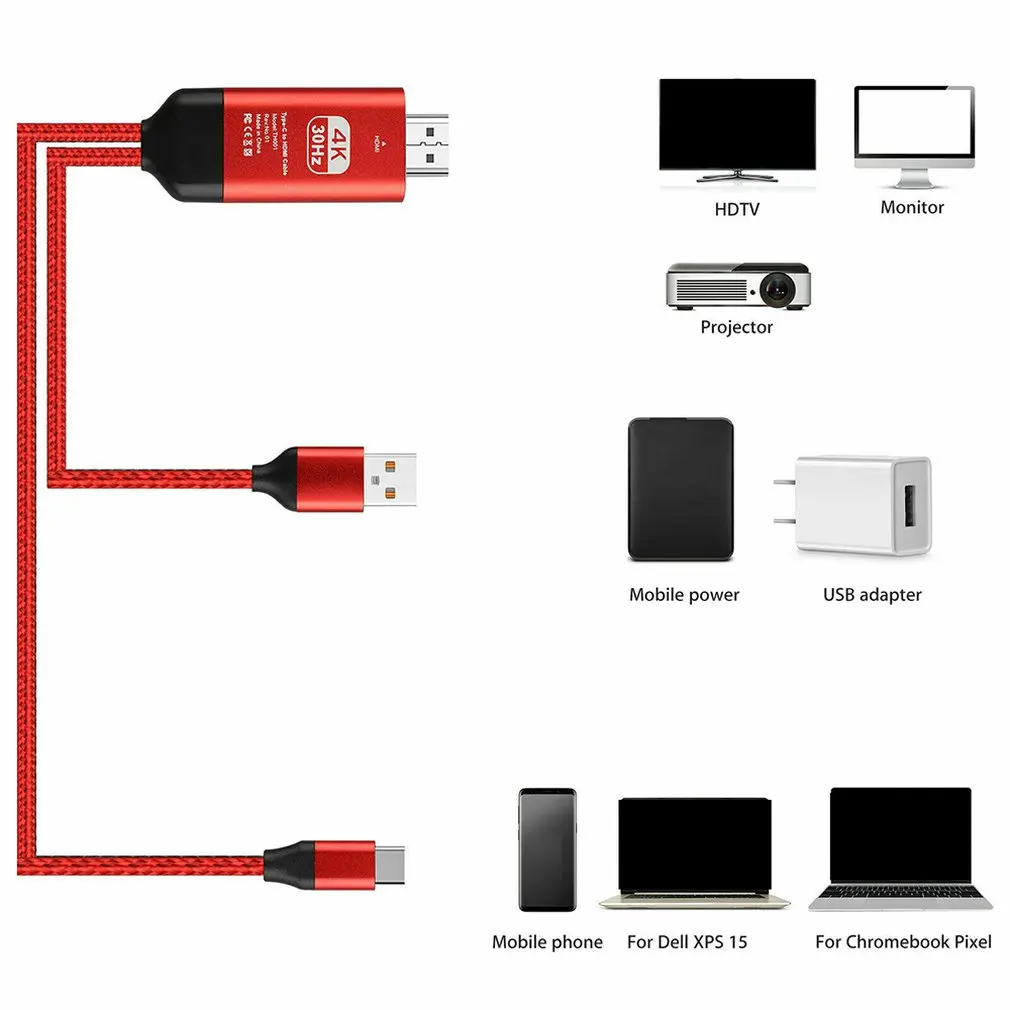 Для samsung Galaxy S10 S9 Note 9 type-C USB-C к HDMI HDTV 4K Кабель-адаптер type C к HDMI кабель красный