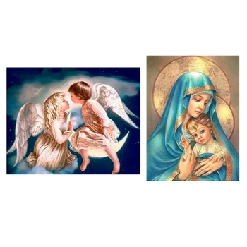 

2 Set Diy 5D Diamond Painting Rhinestone Embroidery Cross-Stitch Home Decor, Angel Boy and Girl & "Our Lady and Son"