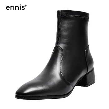 

ENNIS 2019 Black Genuine Leather Boots Women Thick Heel Suede Ankle Boots Autumn Winter Stretch Boots Designer Shoes Khaki A9150
