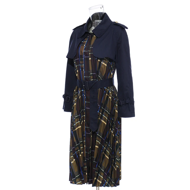 Patchwork Plaid Women's Windbreaker Lapel Collar Long Sleeve High Waist With Sashes Coat Female Autumn Fashion 45