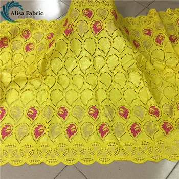 

Alisa bazin riche yellow french fabric 2020 high quality embroidery afircan lace hollow design cotton fabric with stones 5 yards