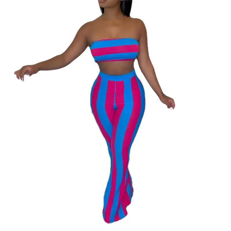 2020 Women Casual Striped Set Strapless Tube Tops+Flare Pants Bell Bottoms 2PCS Fashion Ladies Outdoor Summer Clothing S-2XL