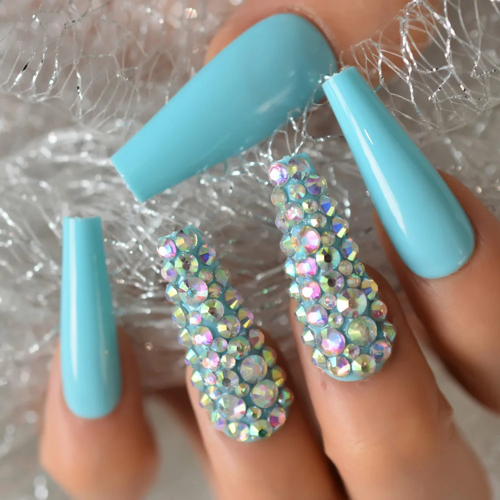 Strass Super Long False Nails Green Blue Tapered 3d Predesigned Ballerina Faux Ongles With Rhinestones 24 Aliexpress Beauty Health