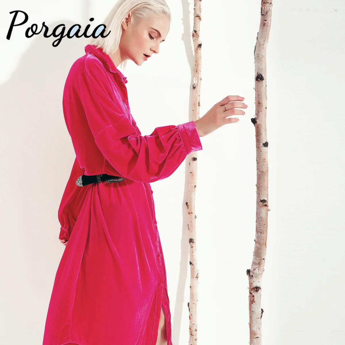 

Porgaia Hongkong Style Long Sleeve Winter Vintage High Street Loose Sashes Lantern Sleeve Empire Turn-down Collar Autumn Dress