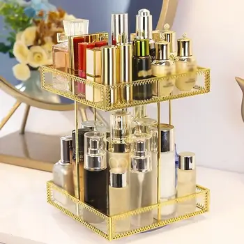 

360 Degree Rotation Makeup Organizer Cosmetic Storage Box Mirror Glass Beauty Display Gold Spin Large Capacity Holder For Makeup