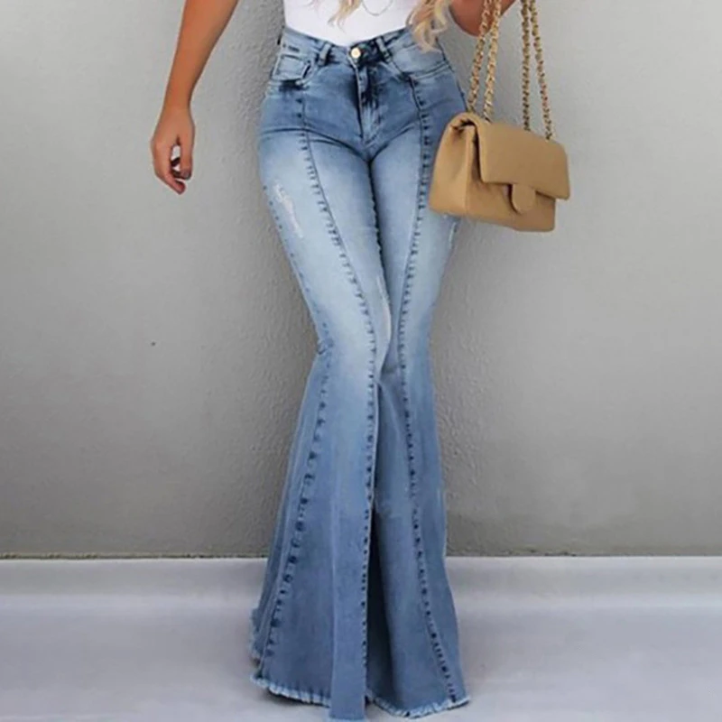 GAOKE Fashion Denim Flare Pants Women Retro Jeans Trousers Lady Casual Bell-Bottoms Flare Pant Female