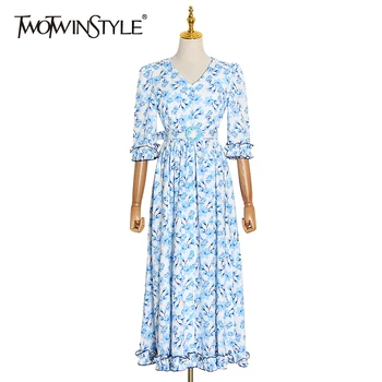 

TWOTWINSTYLE Print Hit Color Dresses Female V Neck Petal Sleeve High Waist With Sashes Ruched Dress Women Clothing Fashion Tide