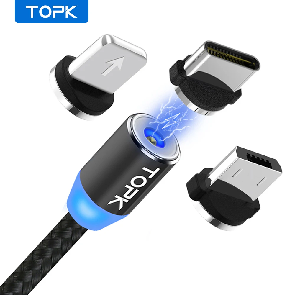 Магнитный светодиодный кабель TOPK 1 м Micro USB и Type C зарядный в нейлоновой оплетке