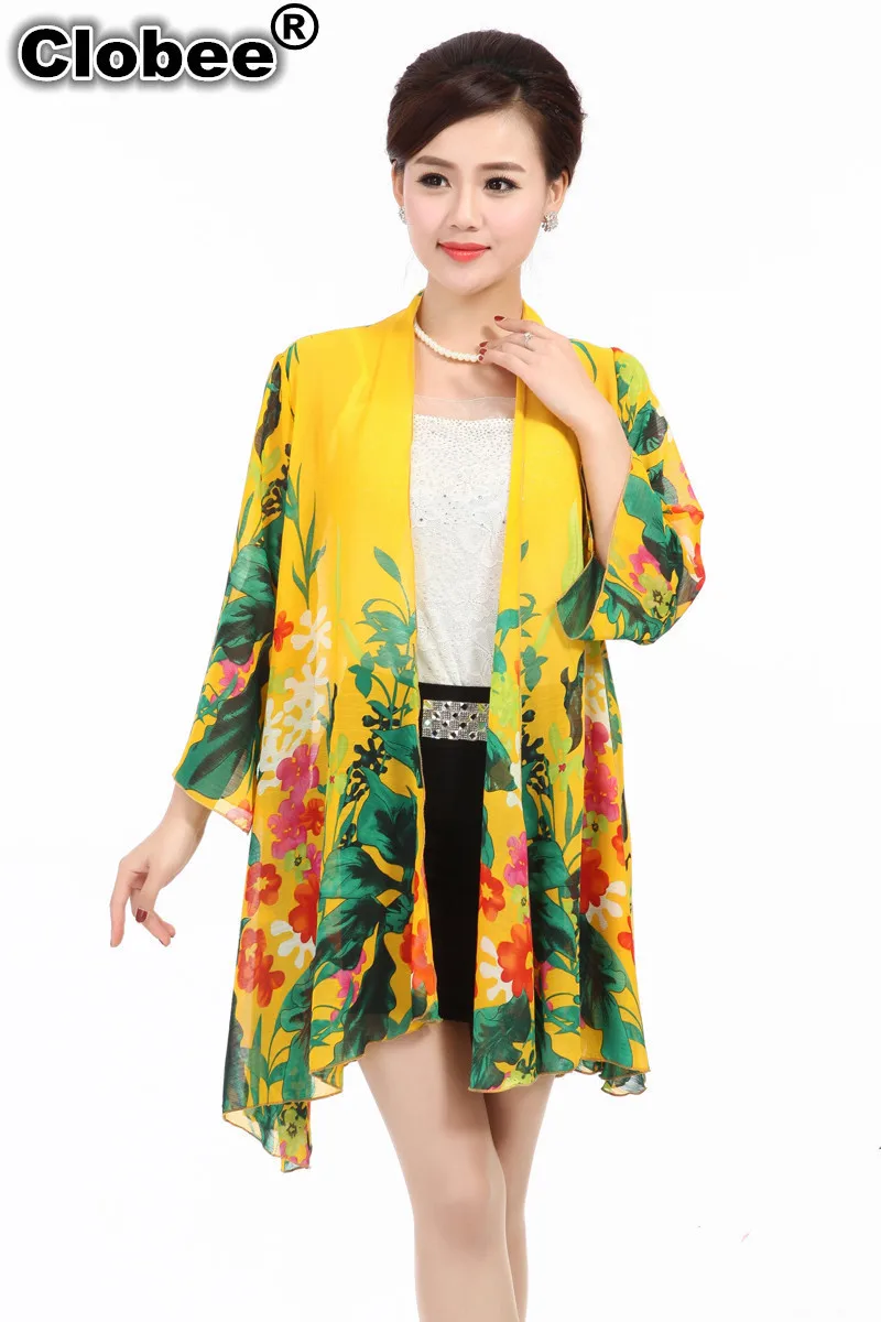 Kimono Summer Plus Size roupas feminina Middle-Aged Women Chiffon Top Print Long Thin Section Sunscreen Female blouse |