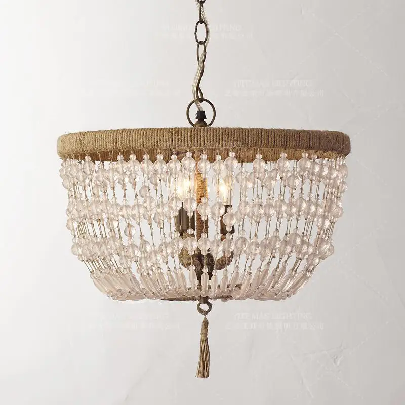 

French Style Vintage crystal bead chandelier K9 crystal 3 lights hanging chandelier rope light for bedroom kitchen baby room