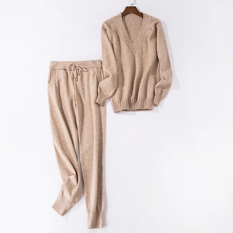 Women track suits sets Autumn Winter V-neck pullovers + long pants sets Soft warm knitted sweater track suits