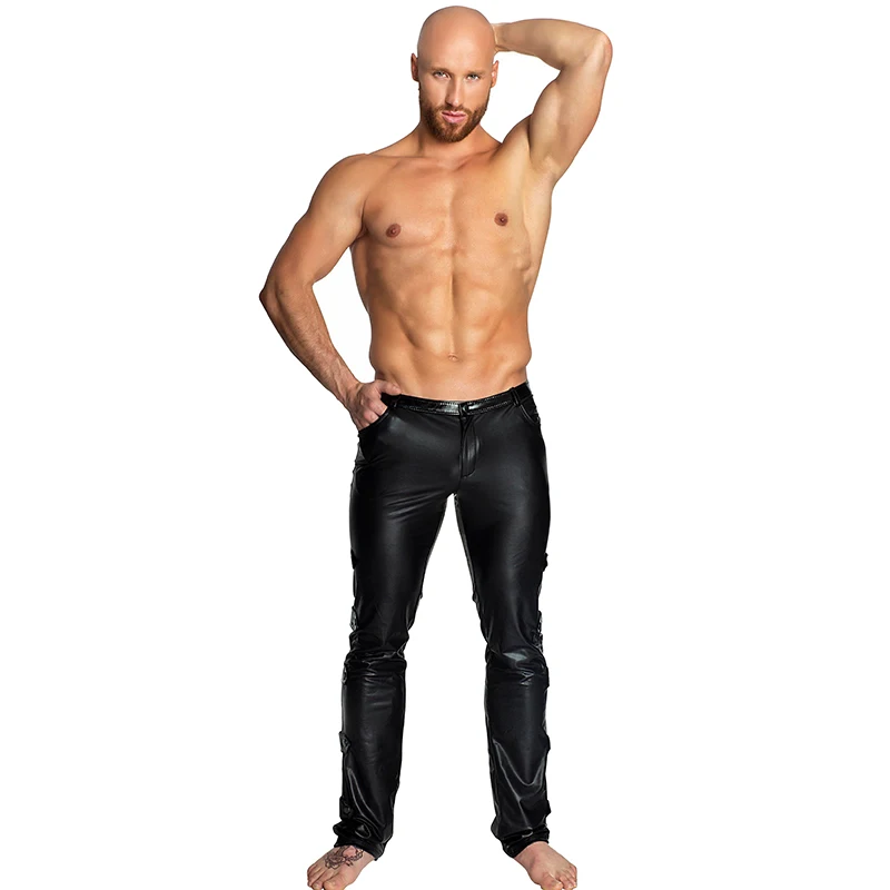 Мужские брюки для ночного клуба, мужские кожаные брюки, молния, черные мужские брюки